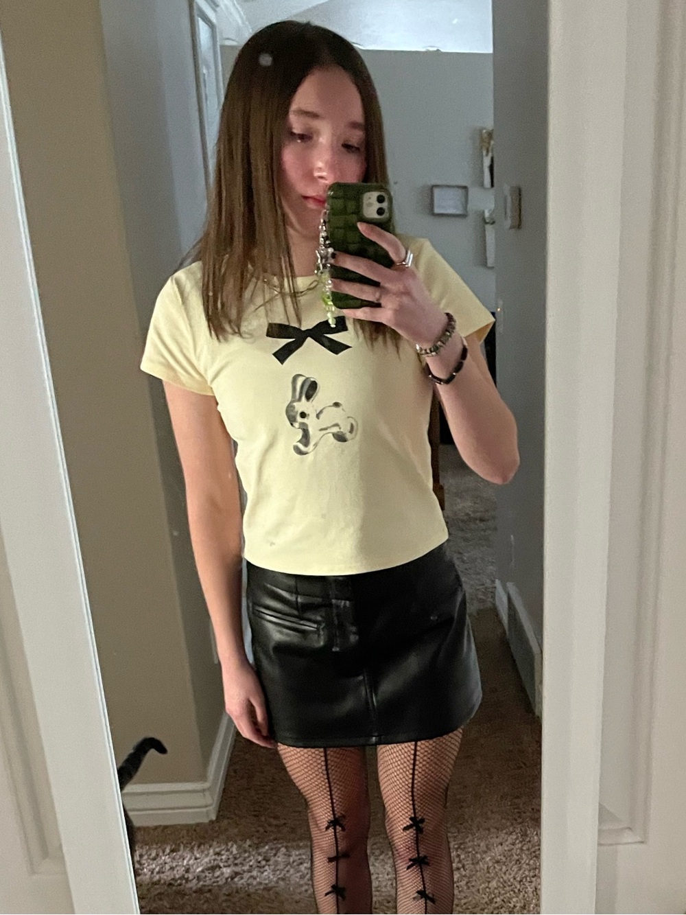Cream Short-Sleeve Baby Tee with Black Bow & Bunny Graphic